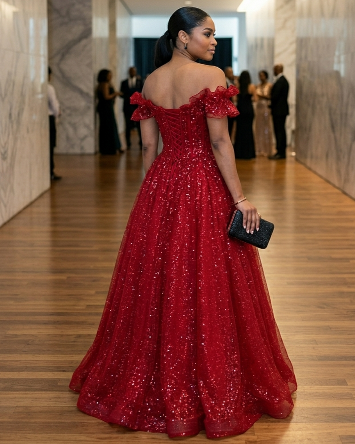 Vestido de Noche Rojo sin Hombros para Mujer
