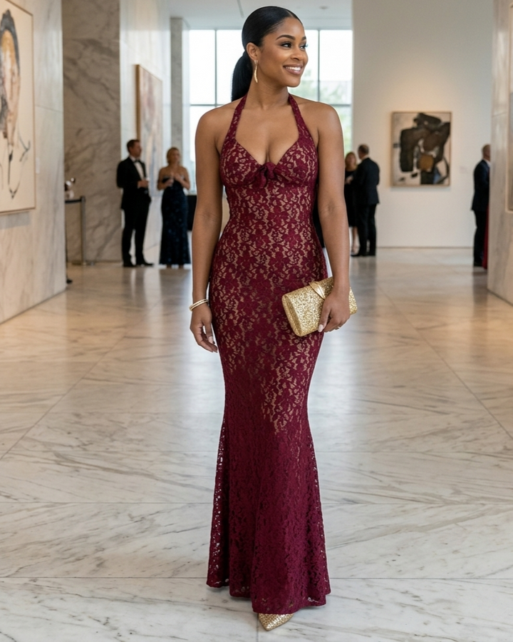 Burgundy Strap Lace Tight Dress