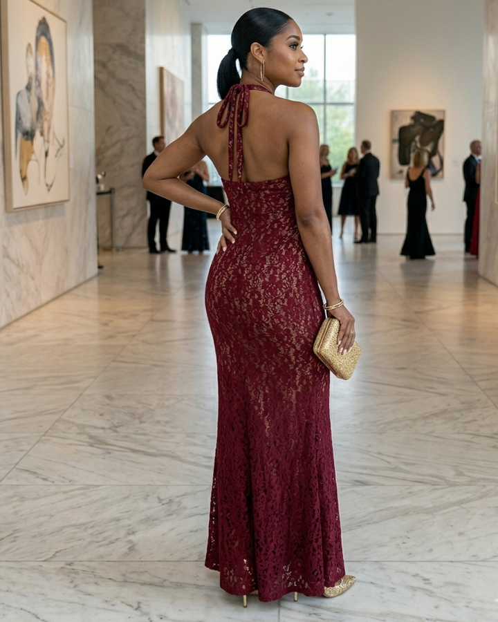Burgundy Strap Lace Tight Dress