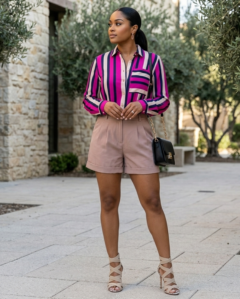 Woman wearing a colorful striped shirt and pink shorts standing outdoors.