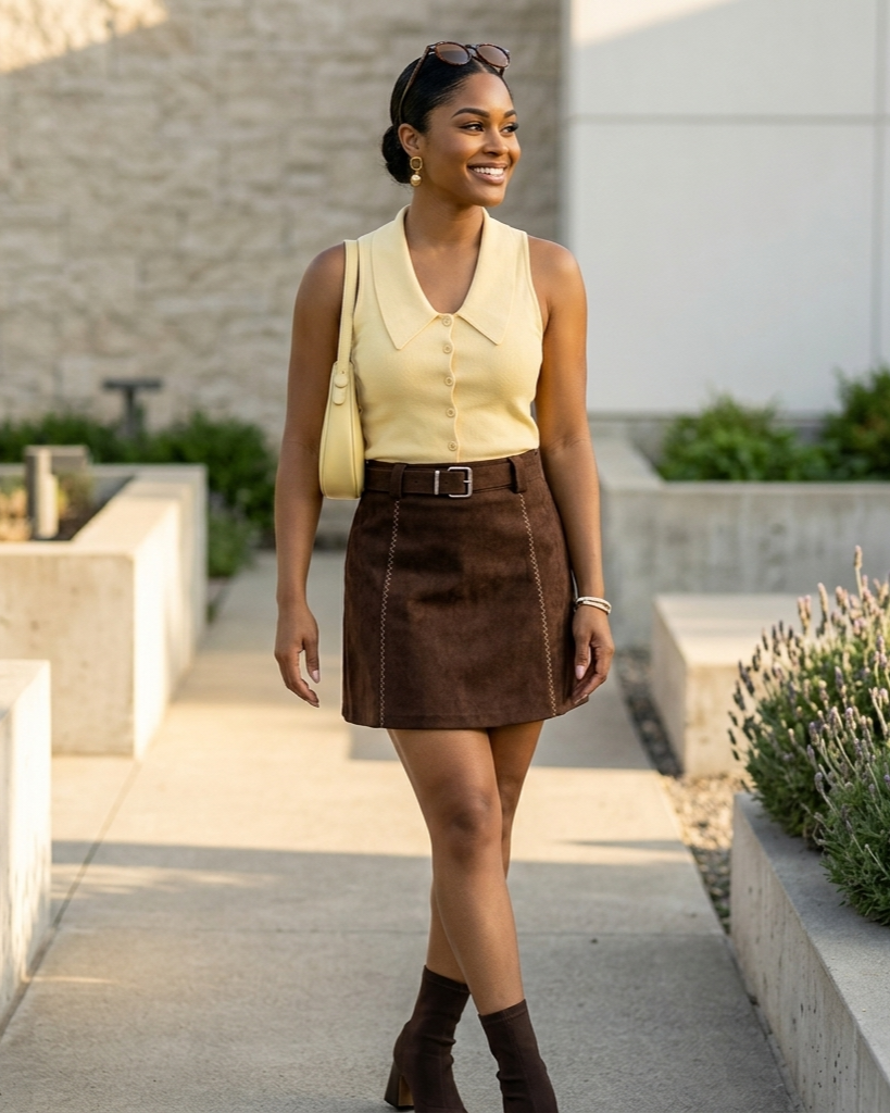 Woman in a yellow sleeveless top and brown skirt standing outdoors.