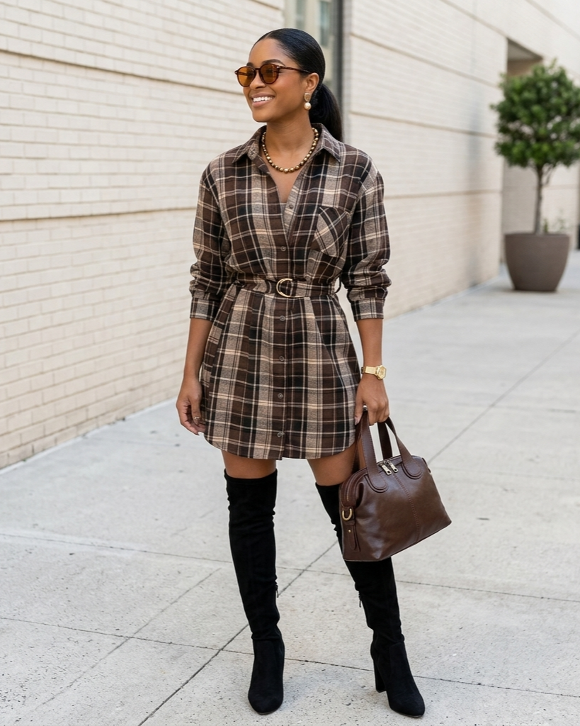 Woman wearing a plaid dress with a belt, black knee-high boots, and holding a brown handbag on a sidewalk.