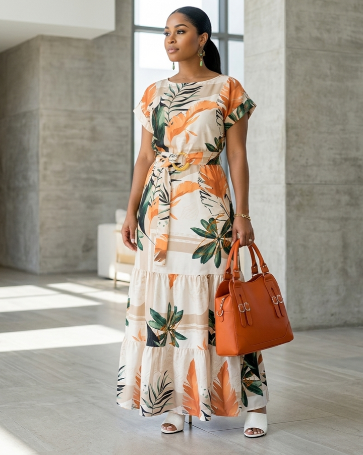 Vestido naranja con estampado floral para mujer