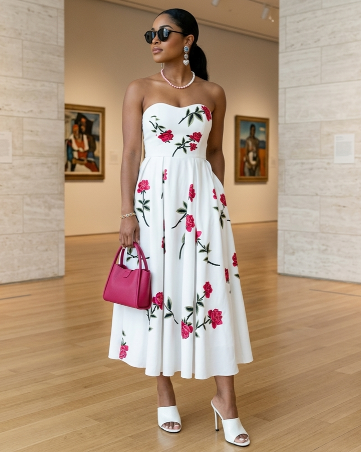 Vestido de mujer elegante con estampado floral y corte en A