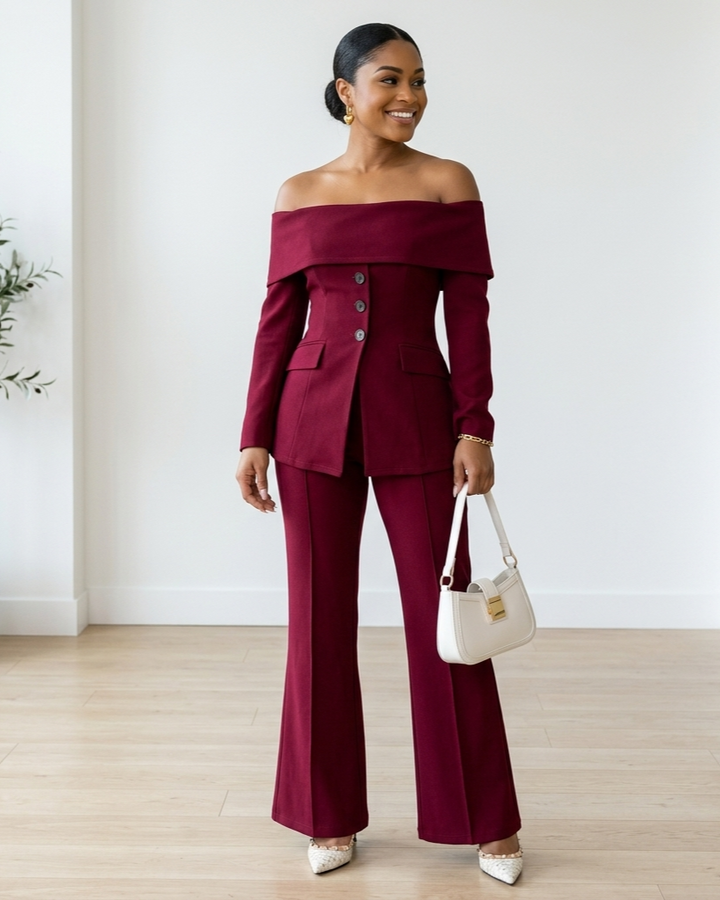 Burgundy Suit Dress For Women French-style Off-shoulder Design With An Elegant High-end Vibe