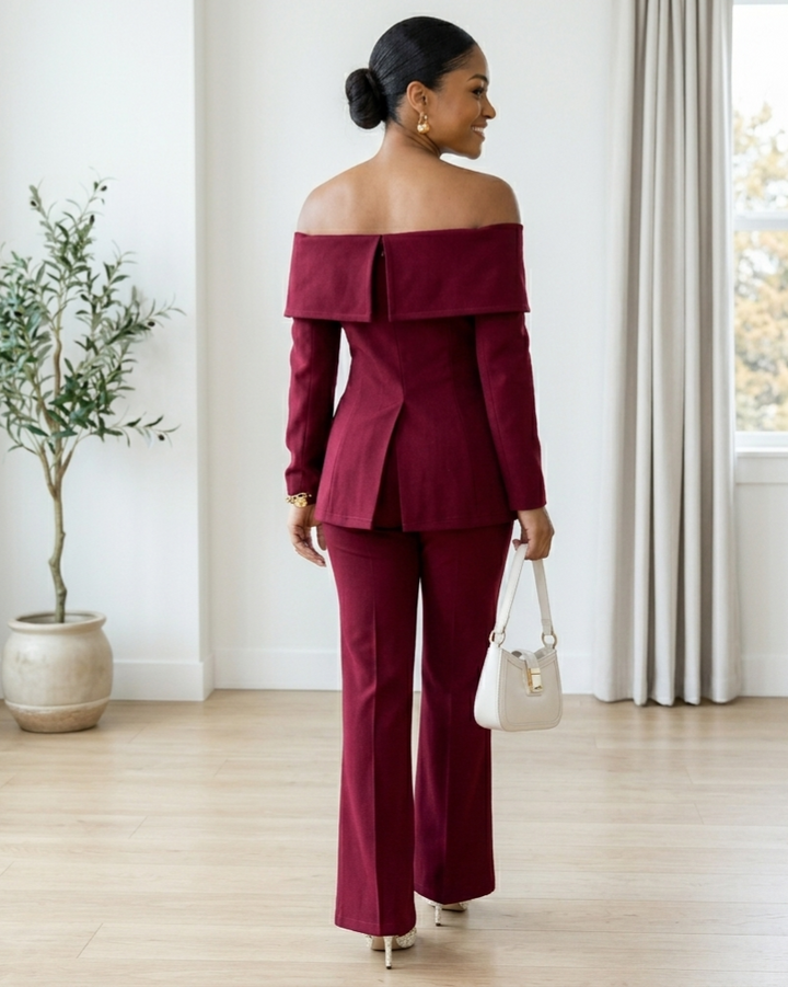 Burgundy Suit Dress For Women French-style Off-shoulder Design With An Elegant High-end Vibe
