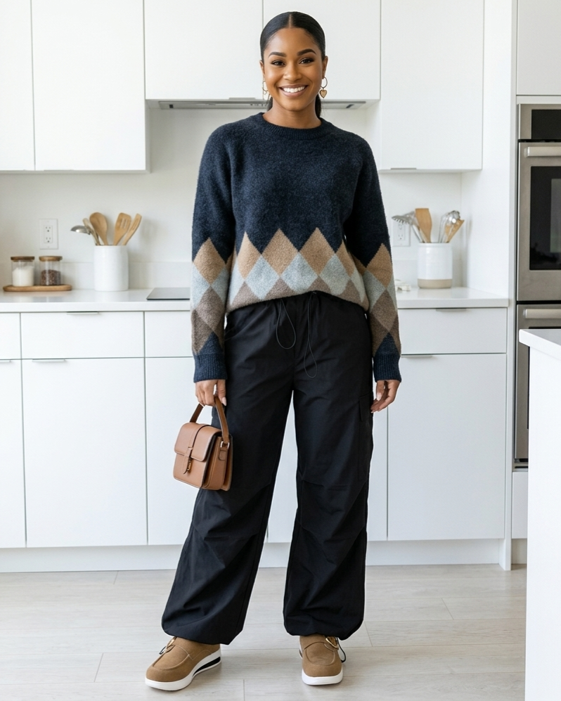 Woman wearing a navy sweater with geometric patterns and black pants in a kitchen.