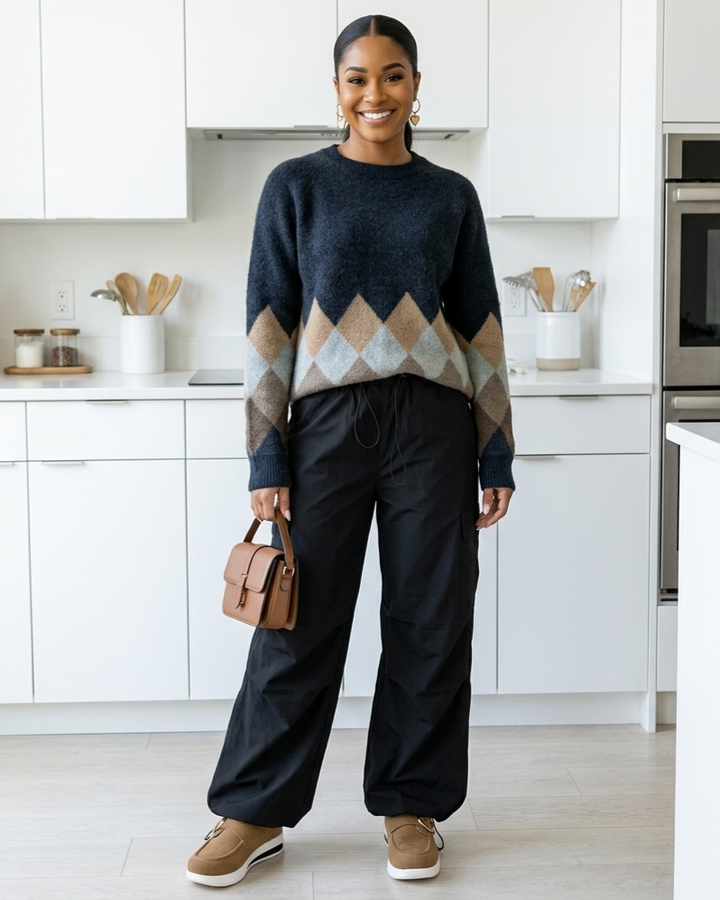 Woman wearing a navy sweater with geometric patterns and black pants in a kitchen.