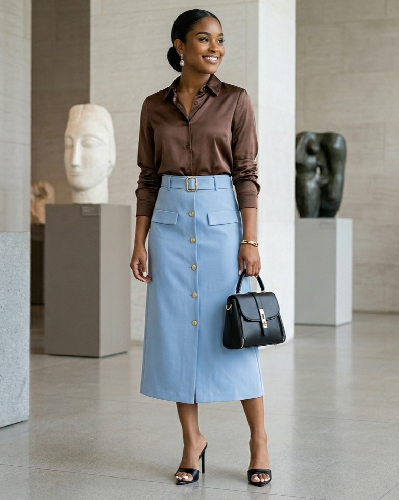 Woman in a brown shirt and blue skirt standing in an art gallery.