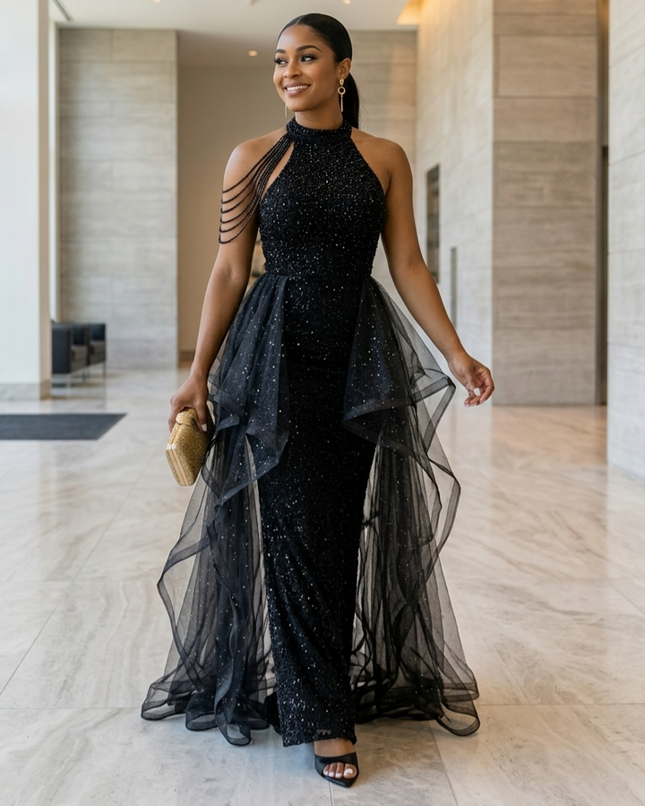 Vestido de noche negro para mujer