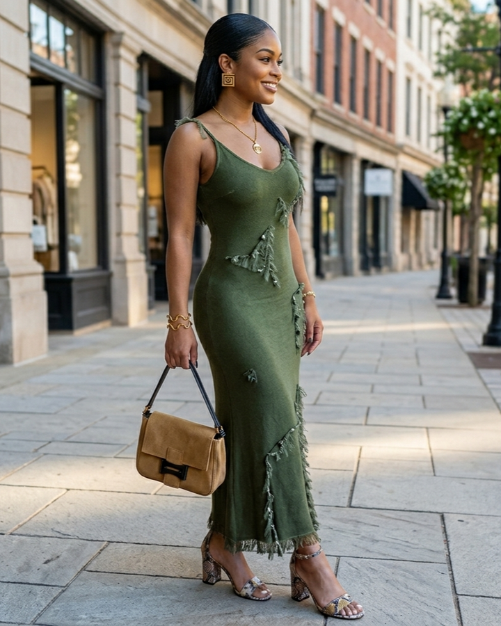 Waist-tight Mid-length Green Knitted Dress Women