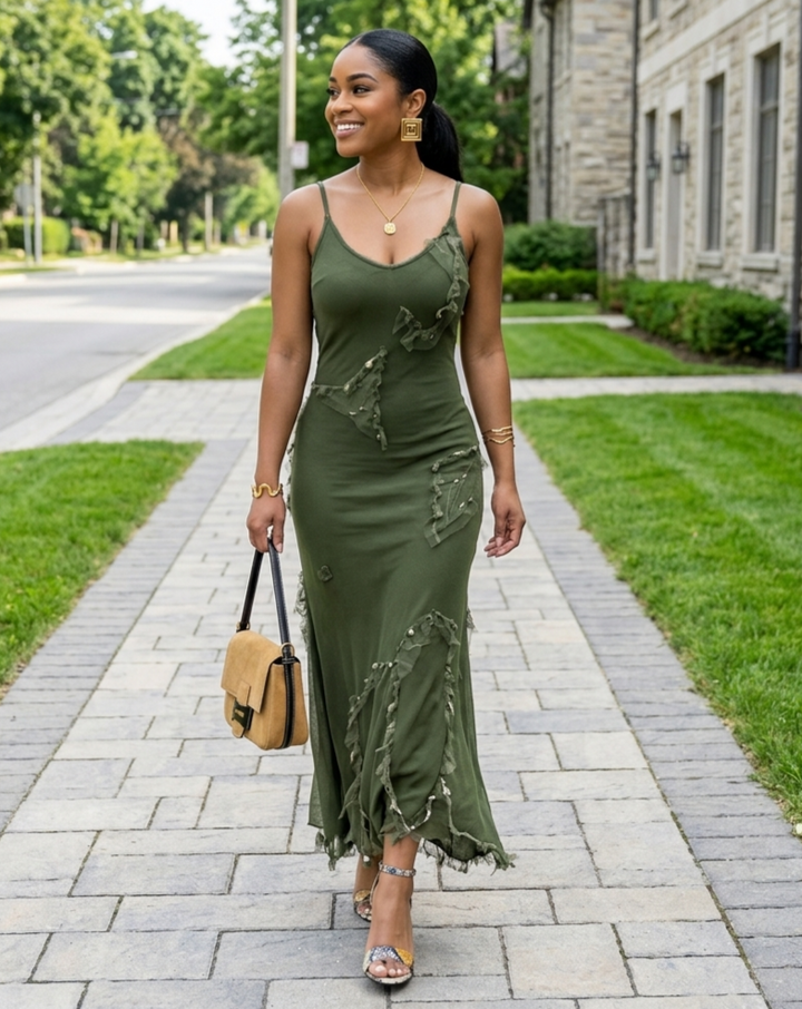 Waist-tight Mid-length Green Knitted Dress Women