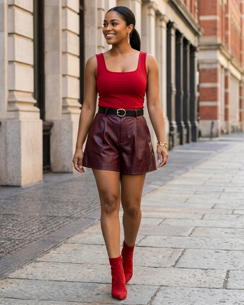 Woman in red top and leather shorts walking on a street.