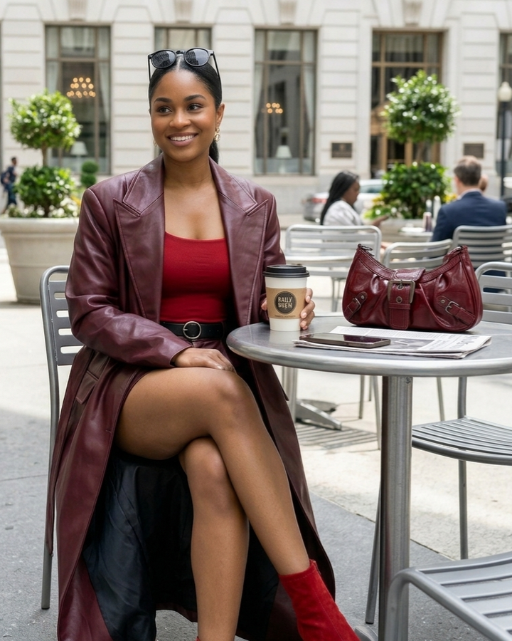 Elegant Retro Wine Red Jacket Trench Coat Women