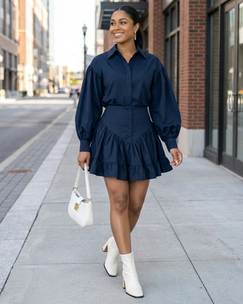 Lantern Sleeve Shirt Ruffled Skirt Suit Women