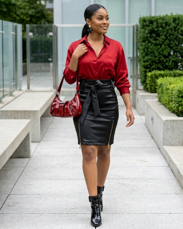 Woman in red shirt and black leather skirt walking outdoors.