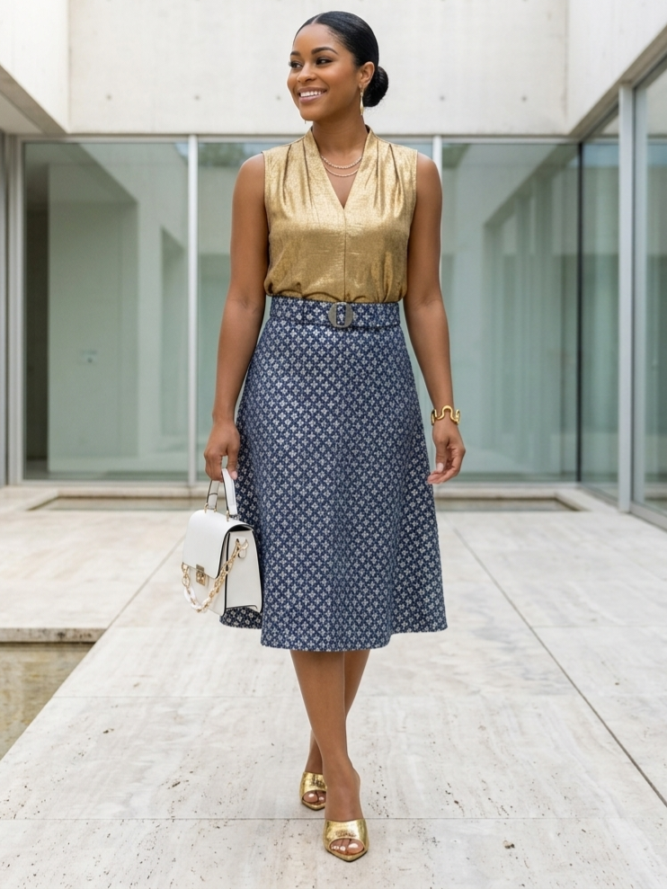 Woman wearing a gold blouse and patterned skirt outdoors.