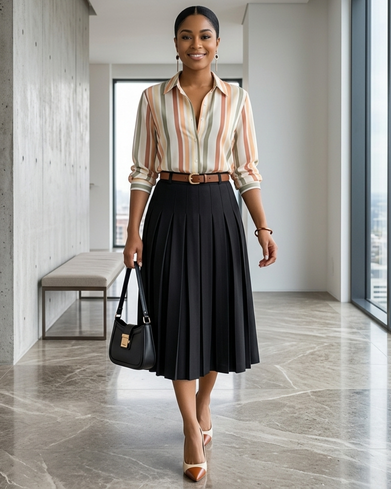 Woman in a striped shirt and black skirt holding a black handbag in an indoor setting.