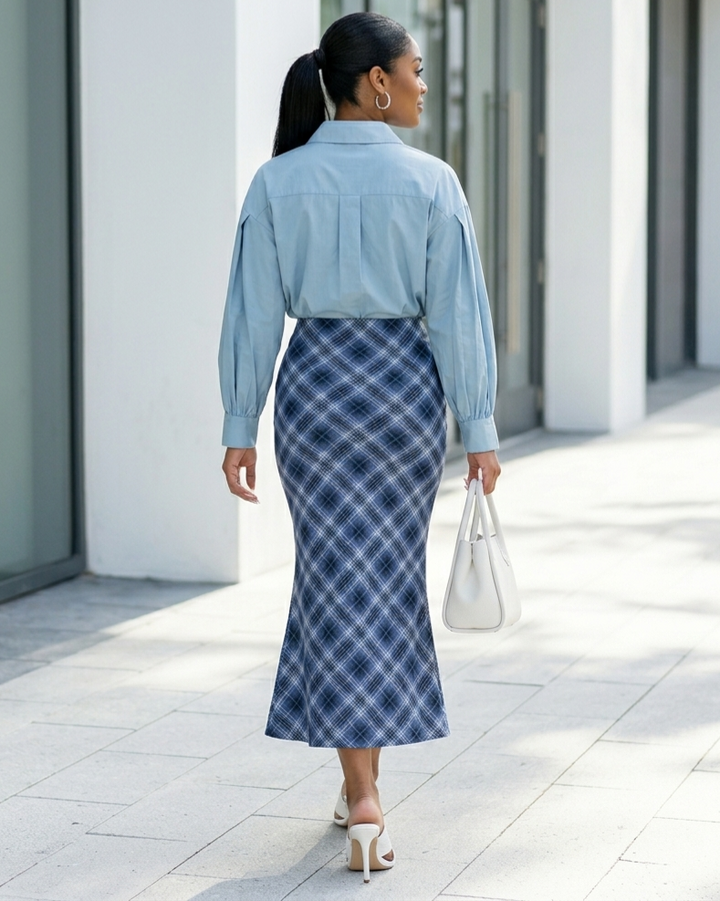 Blue Plaid Skirt Temperament Slim-fit Tall-looking