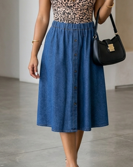 Plus Size Breasted Elastic Waist Blue Denim Skirt