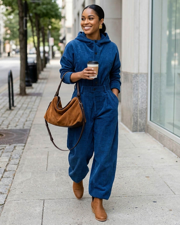 Blue Corduroy Hooded Top And Wide-leg Pants Set