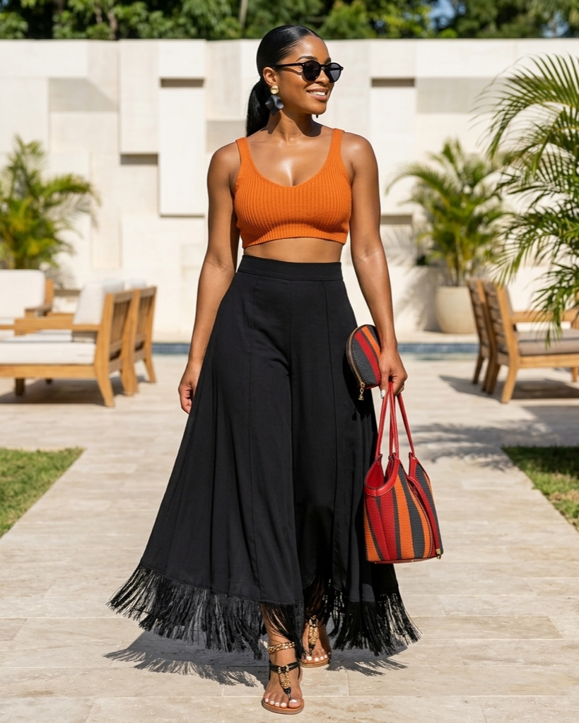 Woman in orange top and black pants holding a striped bag outdoors.
