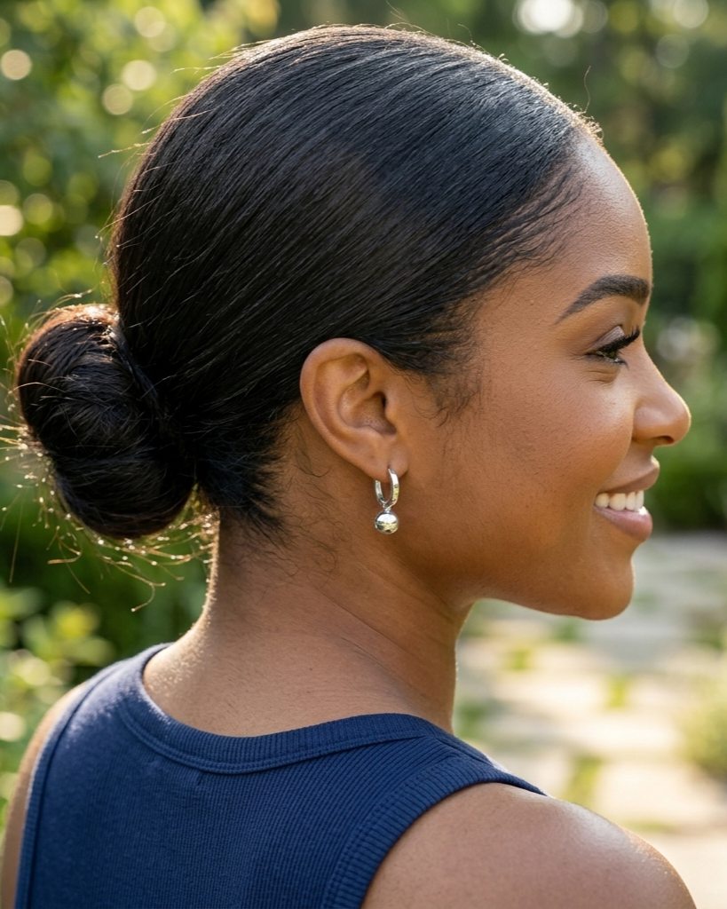 Woman with styled hair outdoors, wearing a blue sleeveless top.