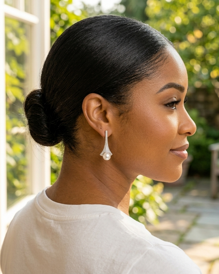 Woman with styled hair and earrings in an outdoor setting