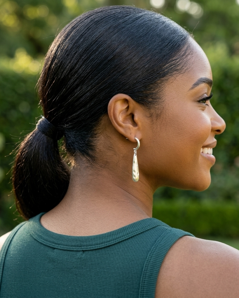 Woman with a ponytail wearing earrings, smiling outdoors.