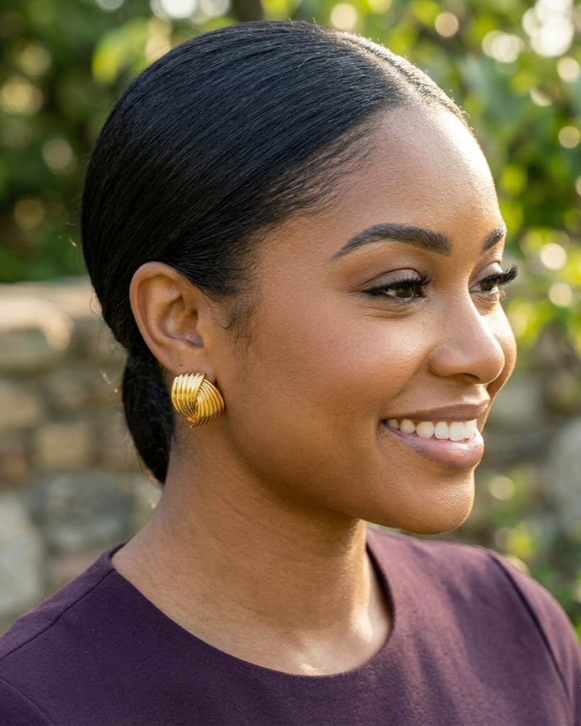 Woman with a side bun wearing gold earrings, smiling outdoors.