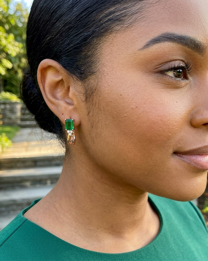 Pendientes de botón cuadrados de circonita verde de oro rosa