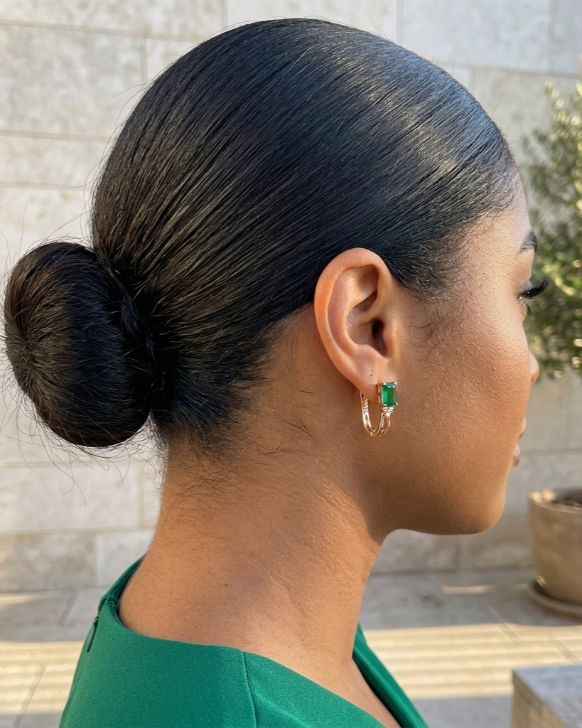 Woman with styled hair and green earrings outdoors