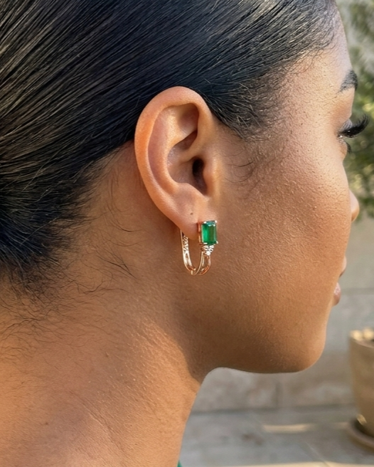 Pendientes de botón cuadrados de circonita verde de oro rosa