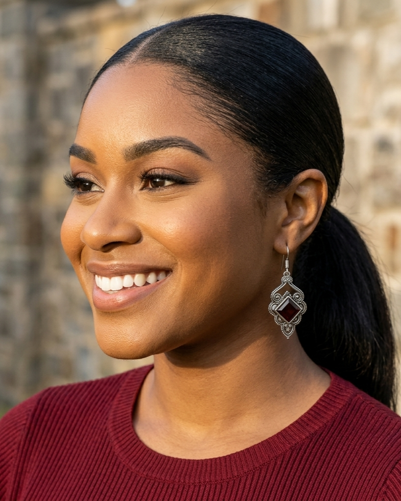 Woman with a ponytail wearing a maroon sweater and silver earrings against a blurred stone wall background