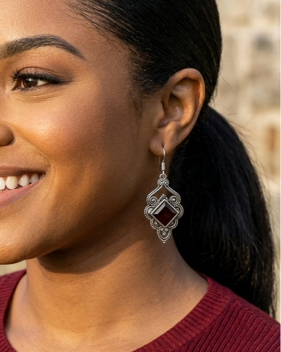 Dark Red Vintage Thai Silver Earrings