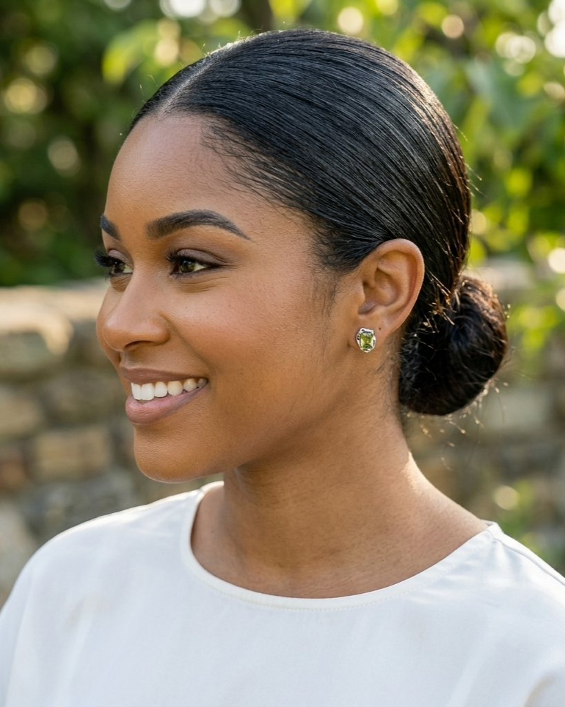 Woman with a bun hairstyle wearing a white shirt outdoors