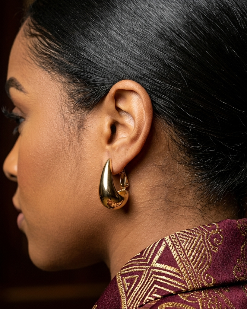 Close-up of a woman wearing a gold earring with a blurred background