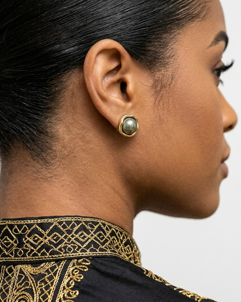 Close-up of a person wearing a gold earring with a black and gold embroidered garment.
