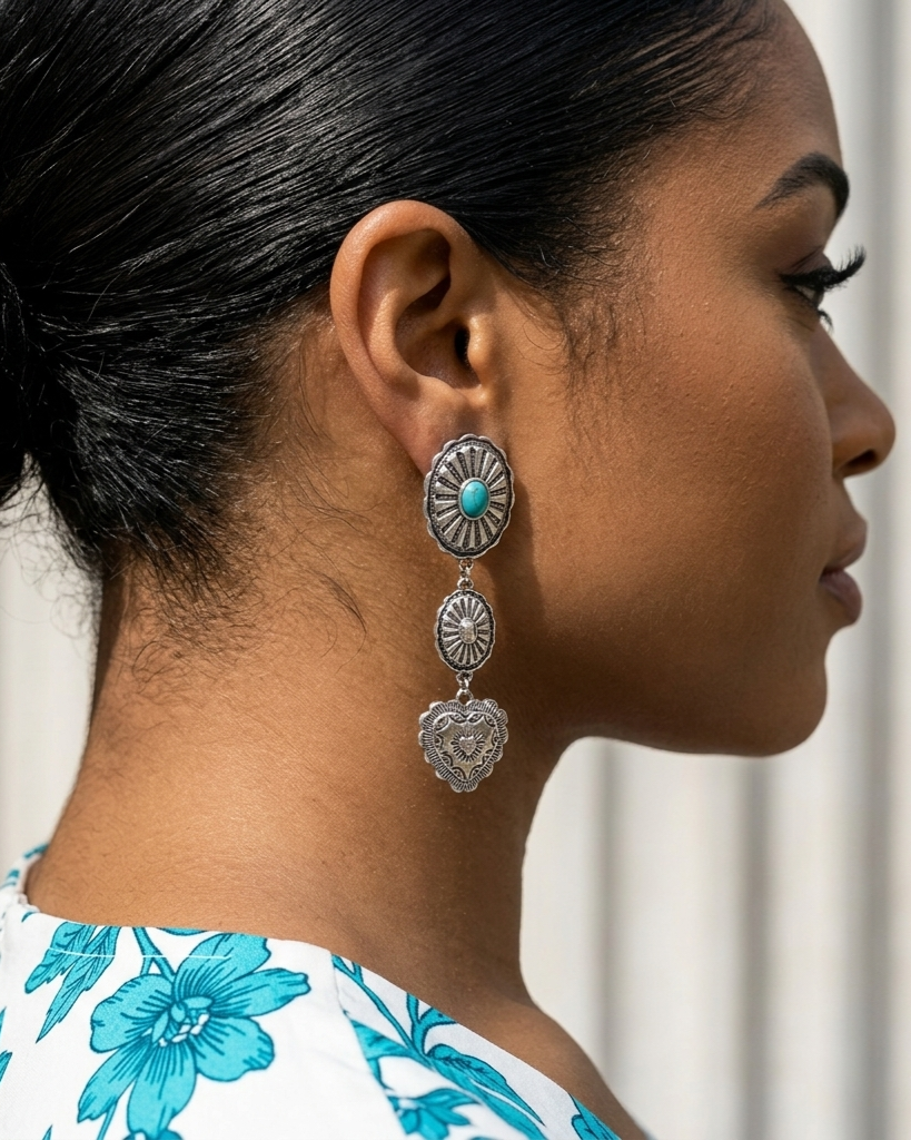 Close-up of a woman wearing a silver earring with turquoise stone and heart charm.