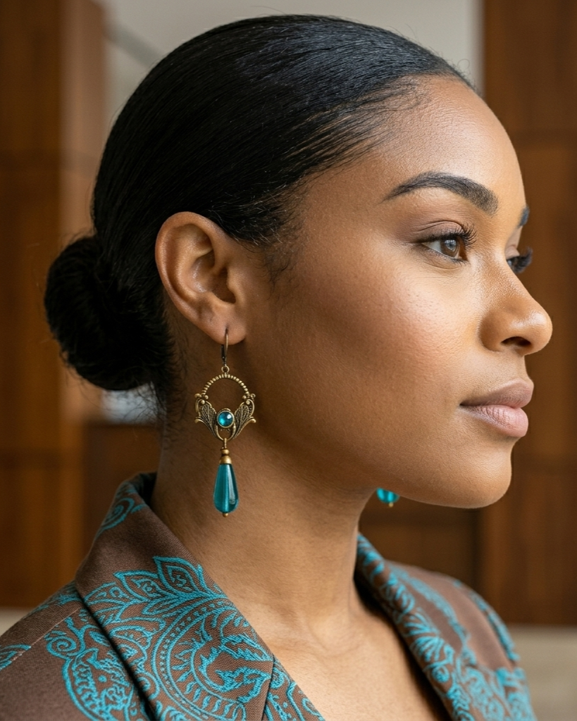 Woman wearing a teal earring with a blurred background