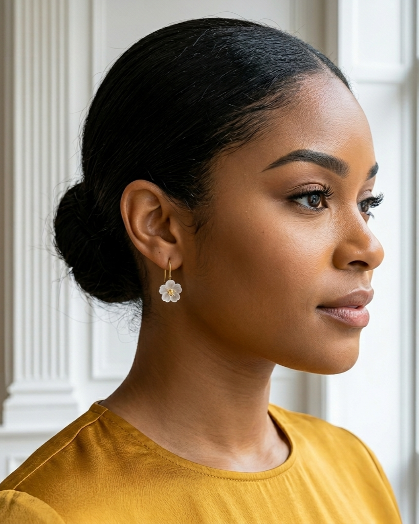 Woman with styled hair wearing earrings in a neutral setting