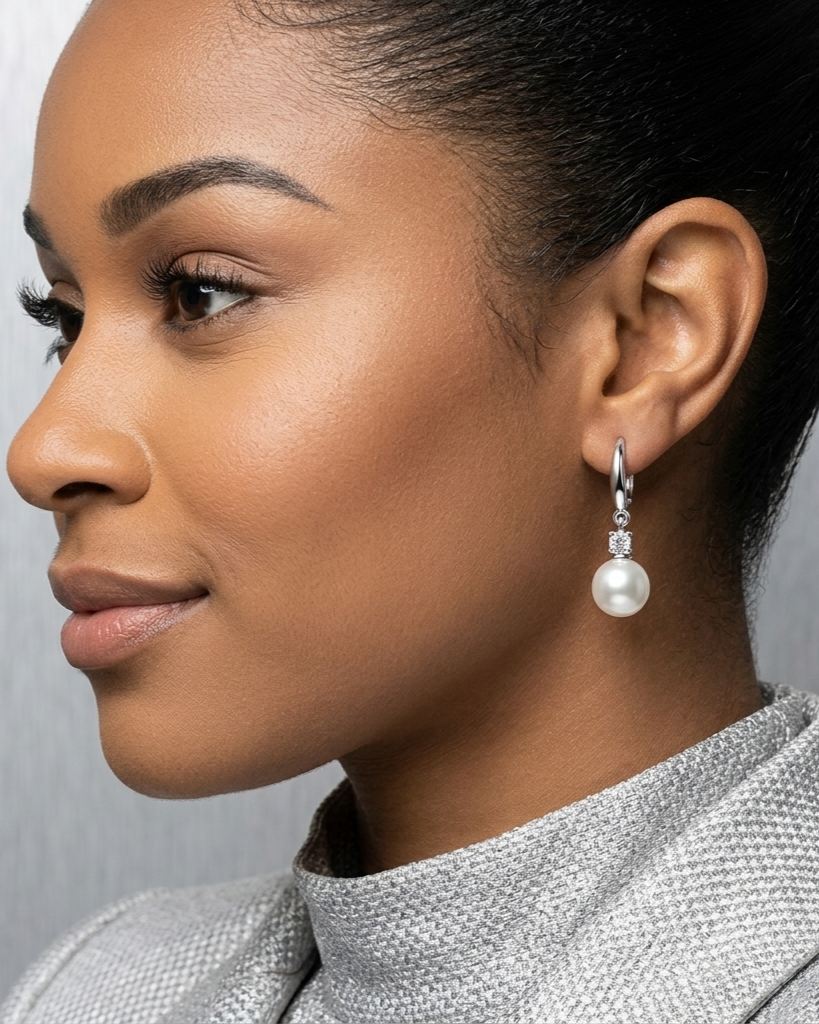 Close-up of a woman wearing a pearl earring against a neutral background