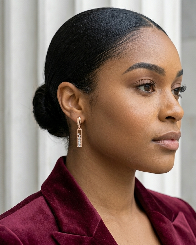 Woman wearing a maroon blazer with a neutral background