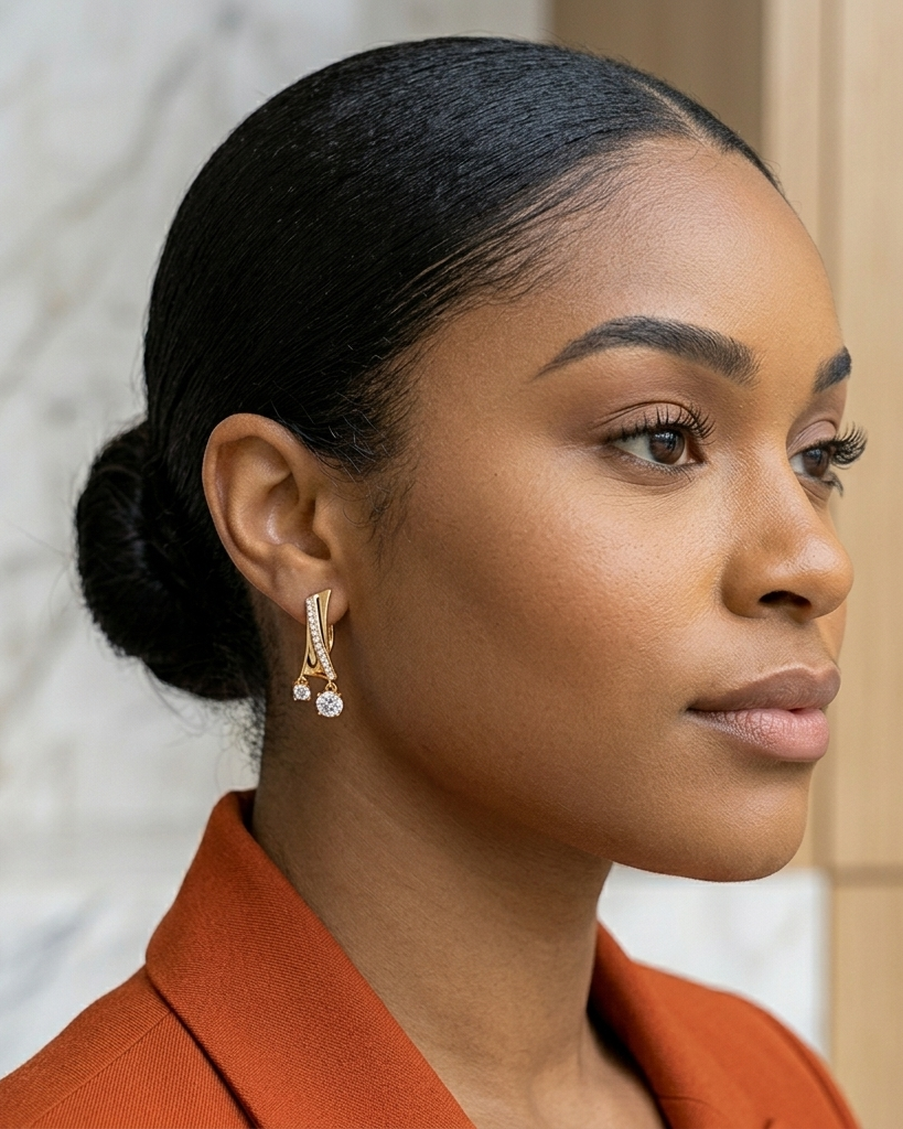 Woman with styled hair wearing earrings, set against a neutral background