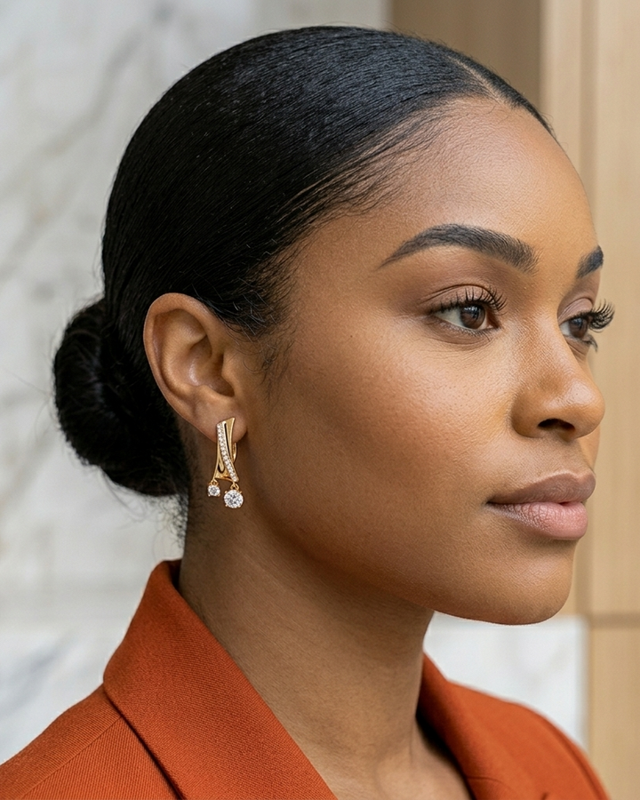 Woman with styled hair wearing earrings, set against a neutral background