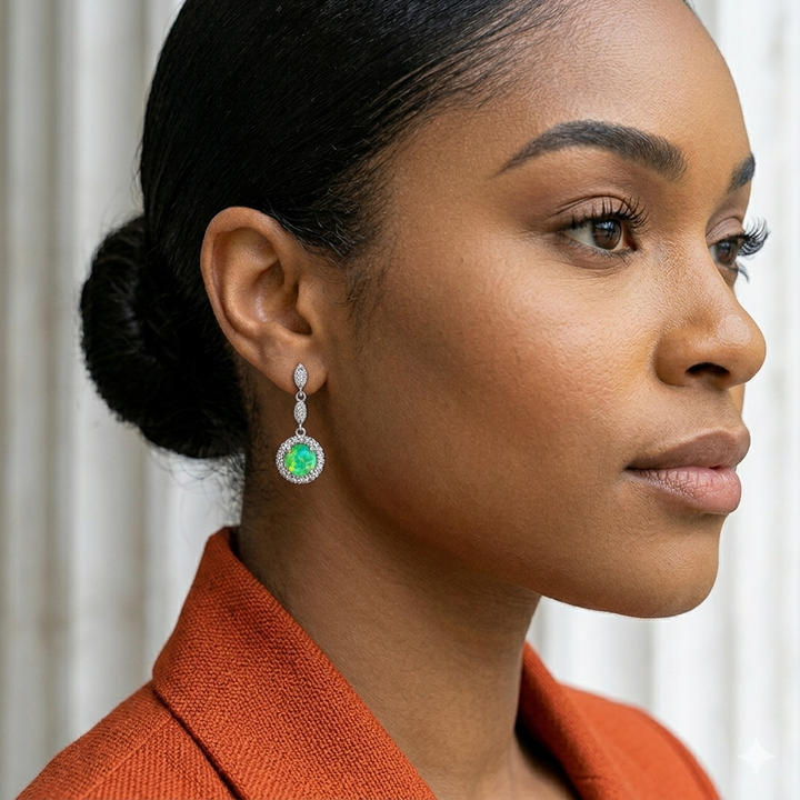 Woman wearing a green and silver earring with a blurred background