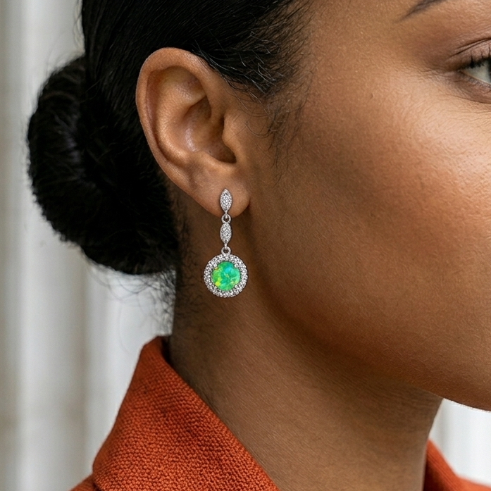 Close-up of a woman wearing a green gemstone earring with a blurred background