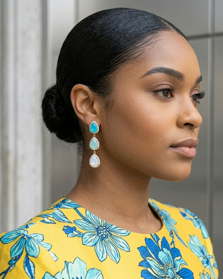 Woman wearing blue floral earrings with a yellow and blue floral top.