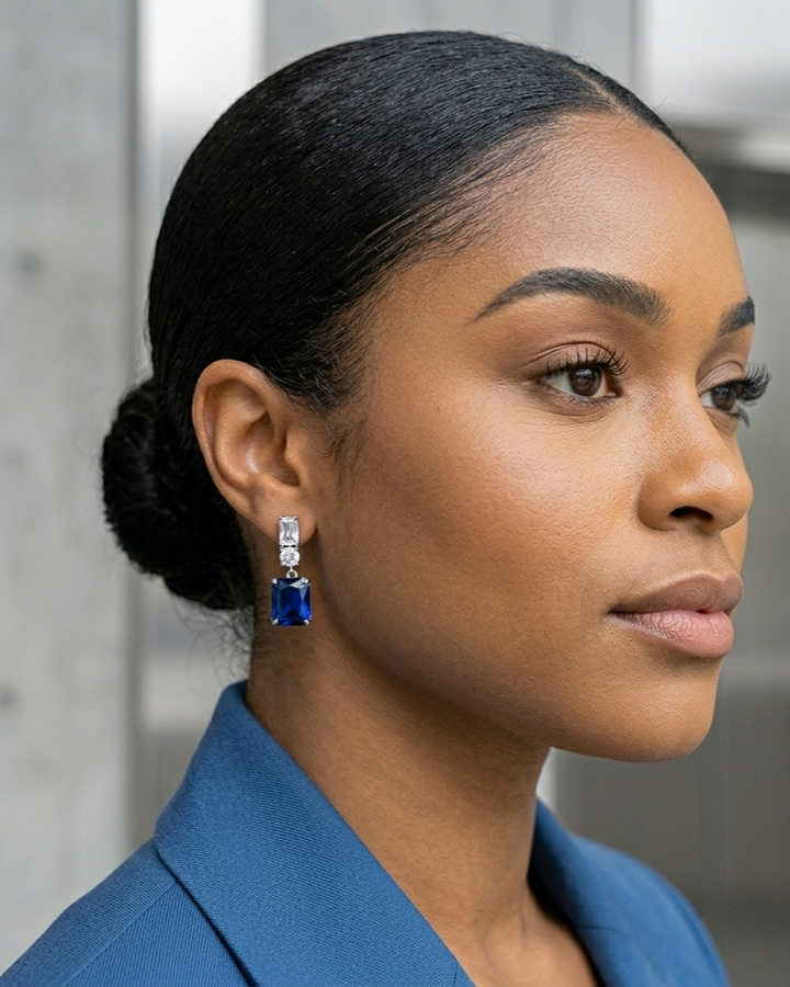 Woman wearing a blue earring with a gemstone, against a neutral background