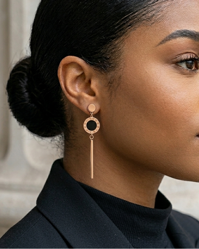 Pendientes largos de oro rosa con colgante de judía pequeña dorada, números romanos y barra de concha, de moda